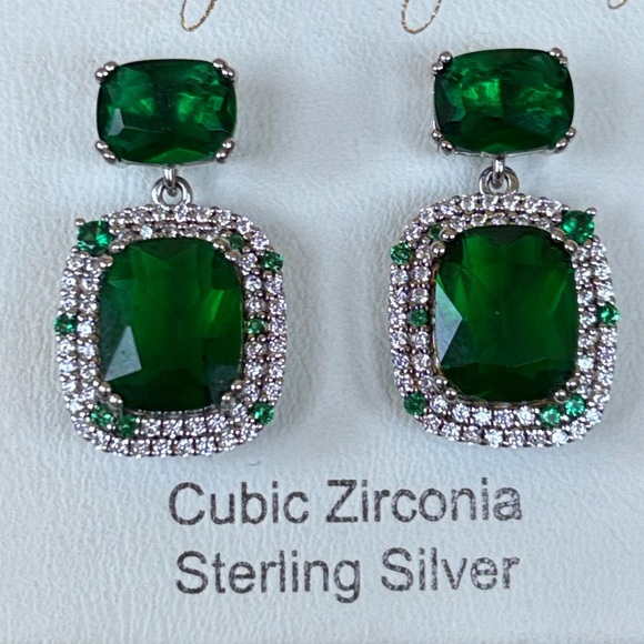 Rachel Zoe Sterling Silver CZ Emerald Green Baguette Drop Earrings Christmas - Picture 7 of 12